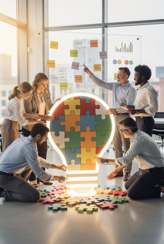 Teamwork Master Diverse Team Assembling Lightbulb Puzzle – Teamwork and Innovation ...