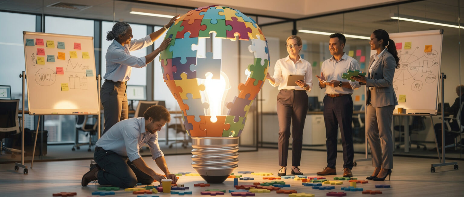Diverse Team Assembling Lightbulb Puzzle – Teamwork and Innovation ...