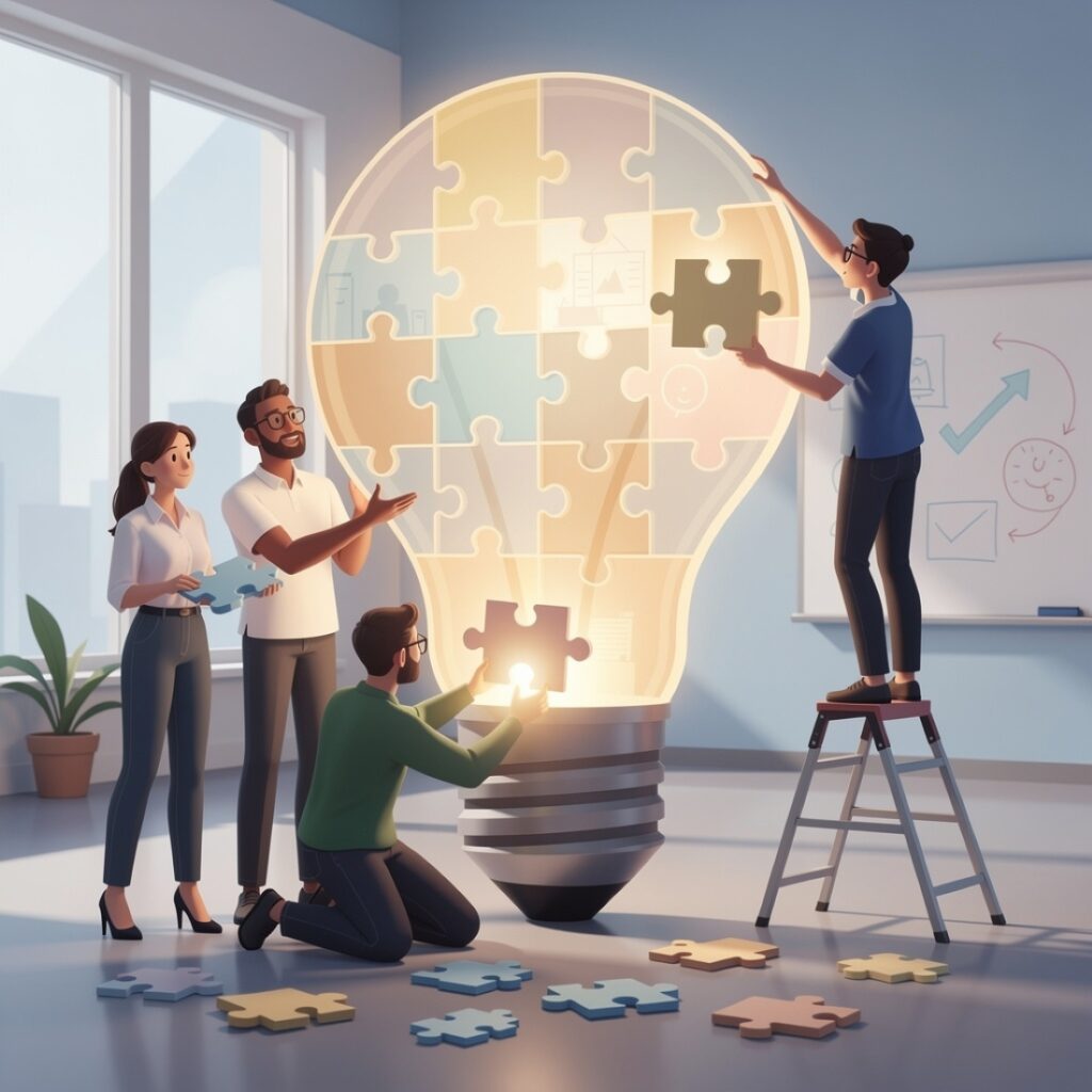 Teamwork Master Diverse Team Assembling Lightbulb Puzzle – Teamwork and Innovation ...