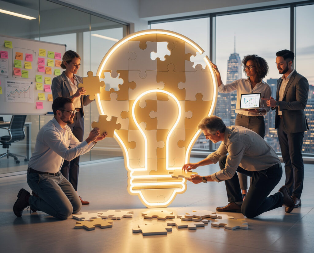 Diverse Team Assembling Lightbulb Puzzle – Teamwork and Innovation ...