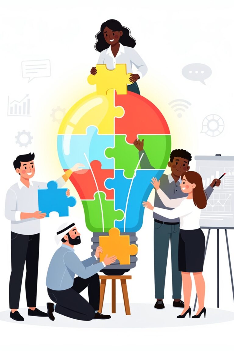 Diverse Team Assembling Lightbulb Puzzle – Teamwork and Innovation ...
