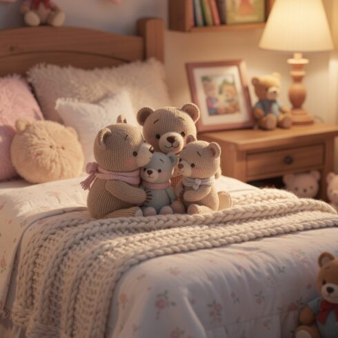 Cute Knitted Bears Comforting Each Other in a Cozy Bedroom – Family Care and Love Concept cover image.