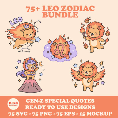 75+ Leo Zodiac Bundle - Kawaii Lion SVGs & Gen-Z Astrology Quotes cover image.