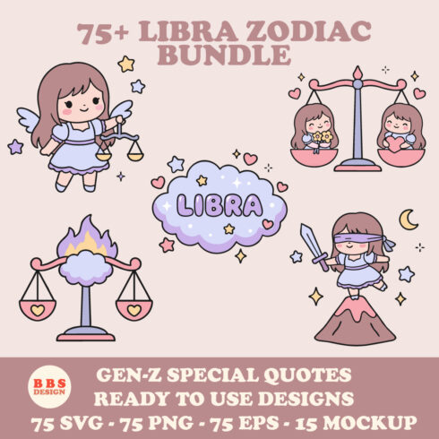 75+ Libra Zodiac Bundle - Aesthetic Chibi SVGs & Gen-Z Astrology Quotes cover image.