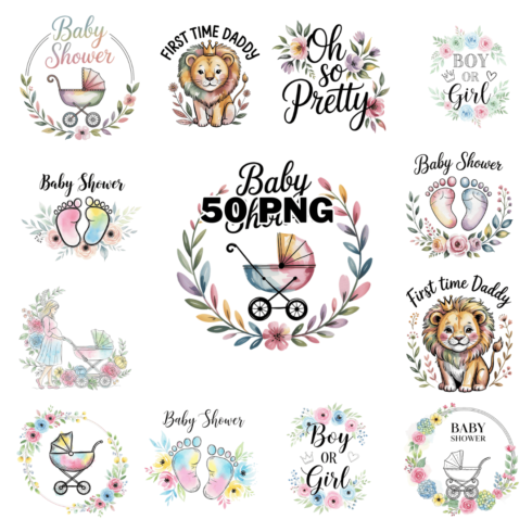Hand-drawn Watercolor Baby Shower Sublimation Clipart Bundle cover image.
