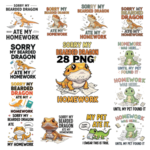 Funny Lizard and Reptile School Excuses Cartoon Sublimation Clipart Bundle cover image.