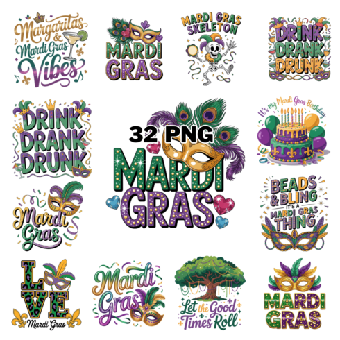 Whimsical Mardi Gras Typography Sublimation Clipart Bundle cover image.