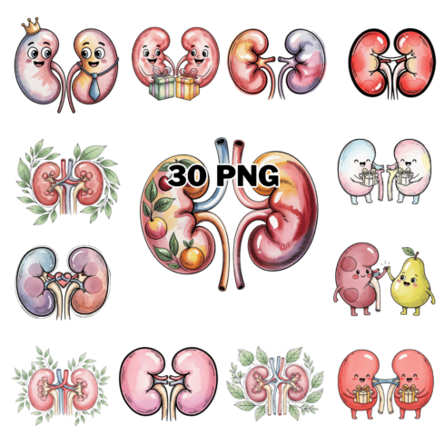 Watercolor Cute Cartoon Kidneys Sublimation Clipart Bundle cover image.