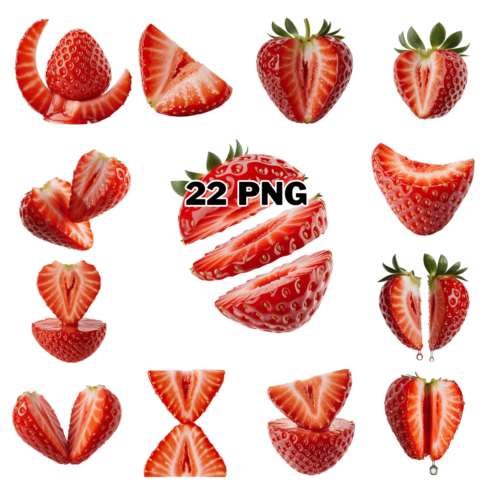 Fresh Sliced Strawberry Fruit Halves and Pieces Sublimation Clipart Bundle cover image.