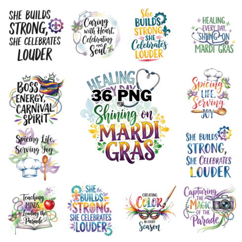 Watercolor Professional Mardi Gras Sublimation Clipart Bundle cover image.