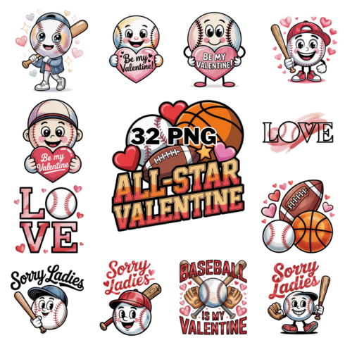 Hand-drawn Baseball Valentine Sublimation Clipart Bundle cover image.