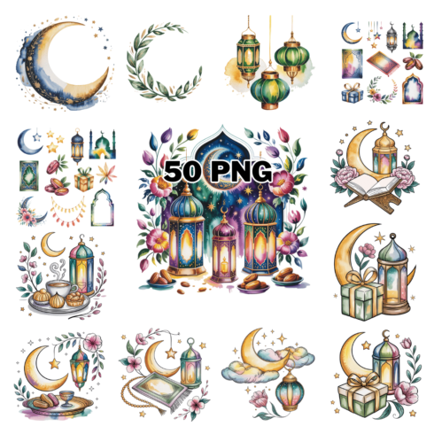 Watercolor Islamic Ramadan Eid Celebrations Sublimation Clipart Bundle cover image.