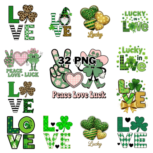 St Patrick's Day Love and Lucky Typography Sublimation Clipart Bundle cover image.