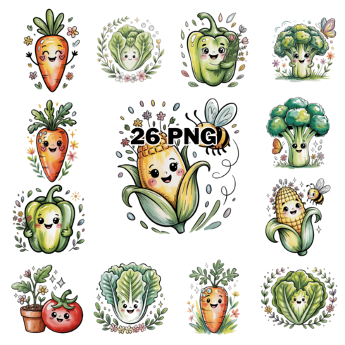 Hand-drawn Cute Cartoon Spring Vegetables Sublimation Clipart Bundle cover image.