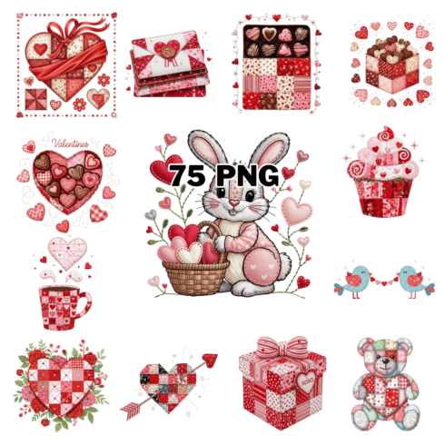 Vintage Style Patchwork Valentine's Day Elements Sublimation Clipart Bundle cover image.