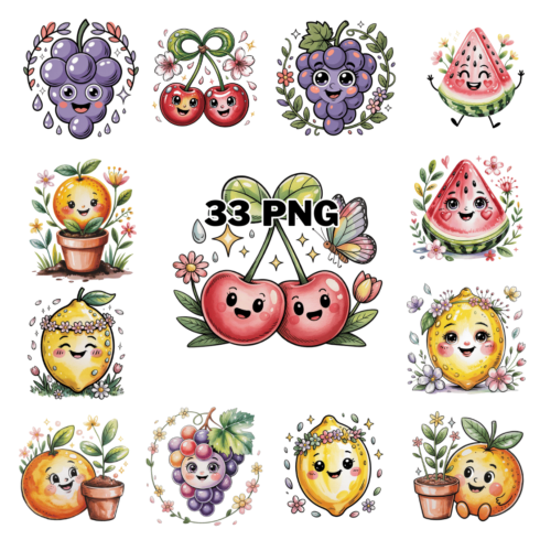 Hand-drawn Cute Cartoon Spring Fruits Sublimation Clipart Bundle cover image.