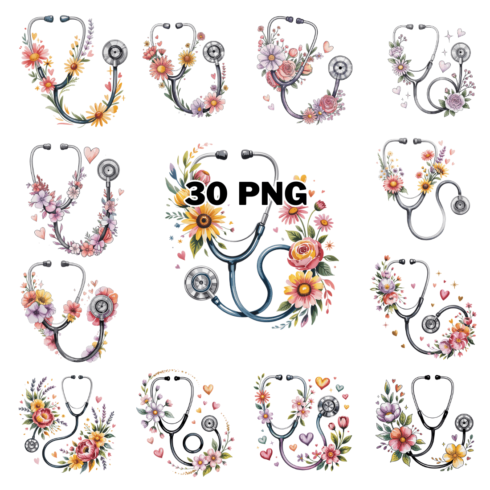Stethoscope Adorned With Colorful Flowers Sublimation Clipart Bundle cover image.