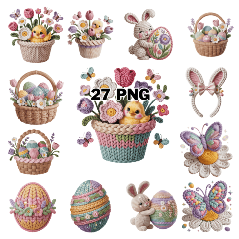 Cute knitted bunnies chicks colorful eggs and spring floral Sublimation Clipart Bundle cover image.