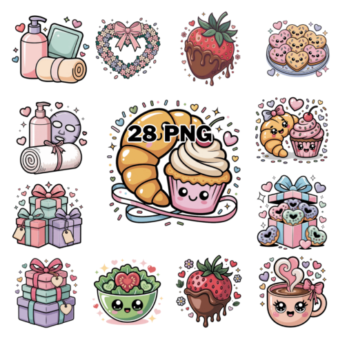 Hand-drawn Adorable Kawaii Valentines Day Sublimation Clipart Bundle cover image.