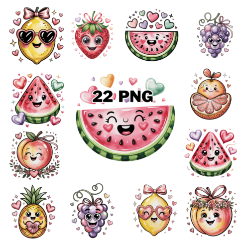 Hand-drawn Cute Valentines Fruits Sublimation Clipart Bundle cover image.