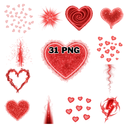 Red glitter hearts and glowing sparkle effects Sublimation Clipart Bundle cover image.