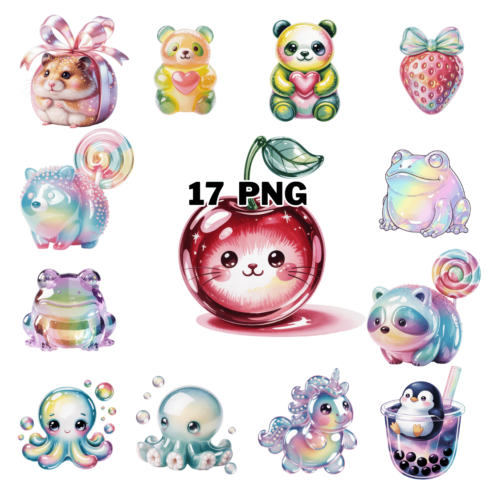 Pastel Watercolor Holographic Animals & Sweets Clipart Bundle cover image.