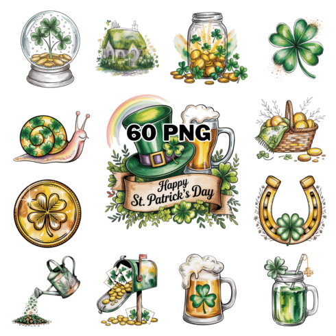Hand-drawn Watercolor St Patrick's Day Sublimation Clipart Bundle cover image.