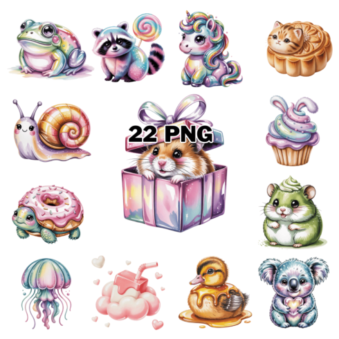 Kawaii pastel watercolor animals & sweets Sublimation Clipart Bundle cover image.