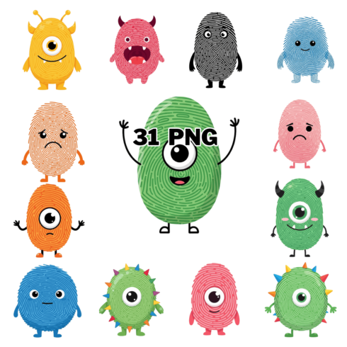 Cute cartoon fingerprint monsters Sublimation Clipart Bundle cover image.