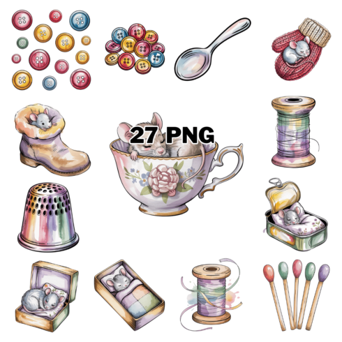 Watercolor Cute Mice With Craft Supplies Sublimation Clipart Bundle cover image.