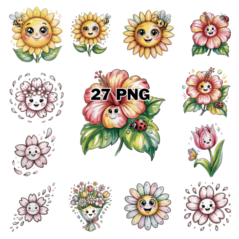 Hand-drawn Cute Cartoon Spring Flowers Sublimation Clipart Bundle cover image.