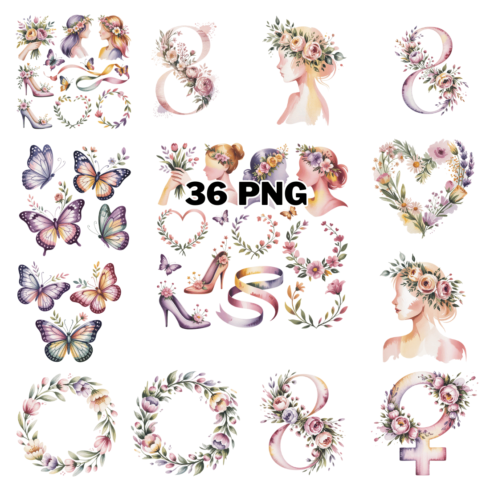 Hand-drawn Watercolor Women's Day Sublimation Clipart Bundle cover image.