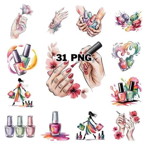 Hand-drawn Watercolor Nail Polish Clipart Bundle cover image.