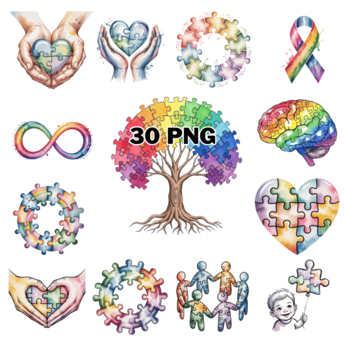 Colorful Autism Awareness Puzzle Piece Sublimation Clipart Bundle cover image.