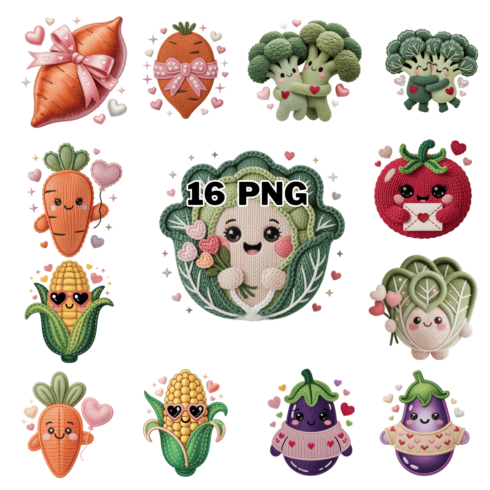 Cute Knitting & Crochet Valentines Vegetables Sublimation Clipart Bundle cover image.