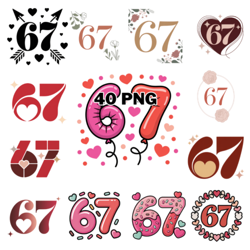 Cute 67 Valentine Anniversary & Birthday Numbers With Romantic Heart Sublimation Clipart Bundle cover image.