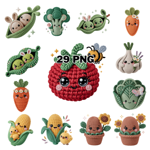 Cute Knitting & Crochet Spring Vegetables Sublimation Clipart Bundle cover image.