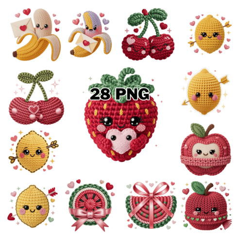 Cute Knitting & Crochet Valentines Fruits Sublimation Clipart Bundle cover image.