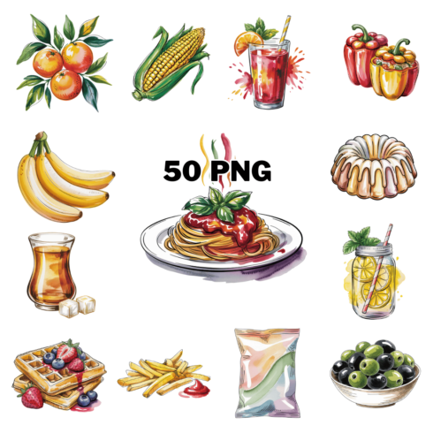 Hand-drawn Delicious food and drink items for holidays and celebrations Sublimation Clipart Bundle cover image.