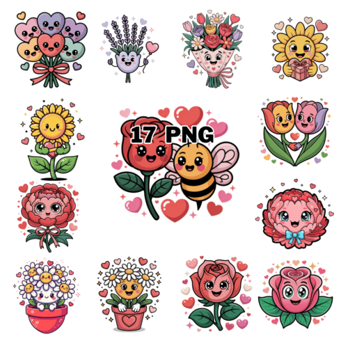 Kawaii Valentines Flowers With Smiling Faces Sublimation Clipart Bundle cover image.