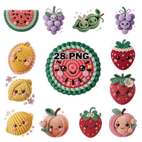Cute Knitting & Crochet Spring Fruits Sublimation Clipart Bundle cover image.