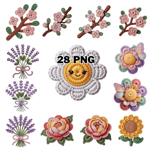 Cute Knitting & Crochet Spring Flowers Sublimation Clipart Bundle cover image.