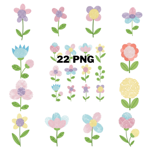 Hand-drawn Cute fingerprint Flowers Sublimation Clipart Bundle cover image.