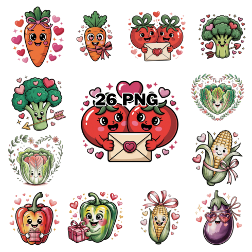 Hand-drawn Cute Valentines Vegetables Sublimation Clipart Bundle cover image.