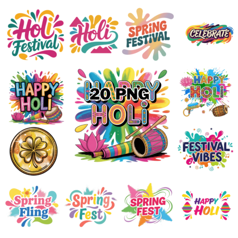 Vibrant Colorful Holi Festival Typography Sublimation Clipart Bundle cover image.