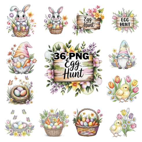 Watercolor Cute Spring Bunny Chick Eggs Floral Sketch Sublimation Clipart Bundle cover image.