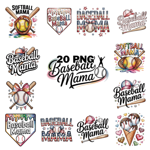 Hand-drawn Baseball Mama Typography Sublimation Clipart Bundle cover image.
