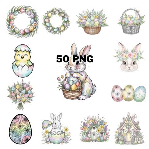 Watercolor Delicate Spring Floral Elements With Eggs Sublimation Clipart Bundle cover image.
