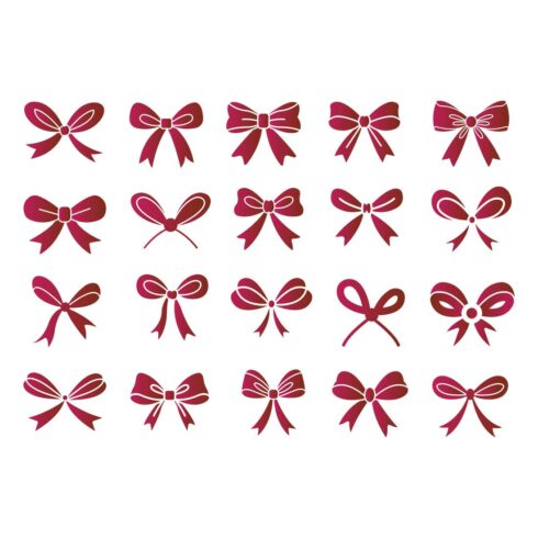 A charming collection of various decorative red ribbon bows for festive holiday gift wrapping and celebration cover image.