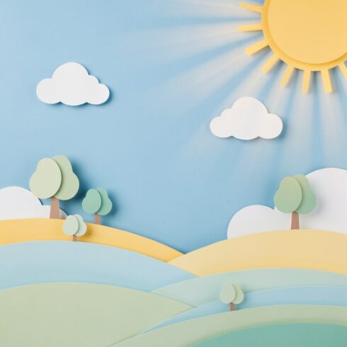 Creative and Colourful Paper Art Illustration Featuring Sun, Clouds, Mountains, and Hot Air Balloons cover image.